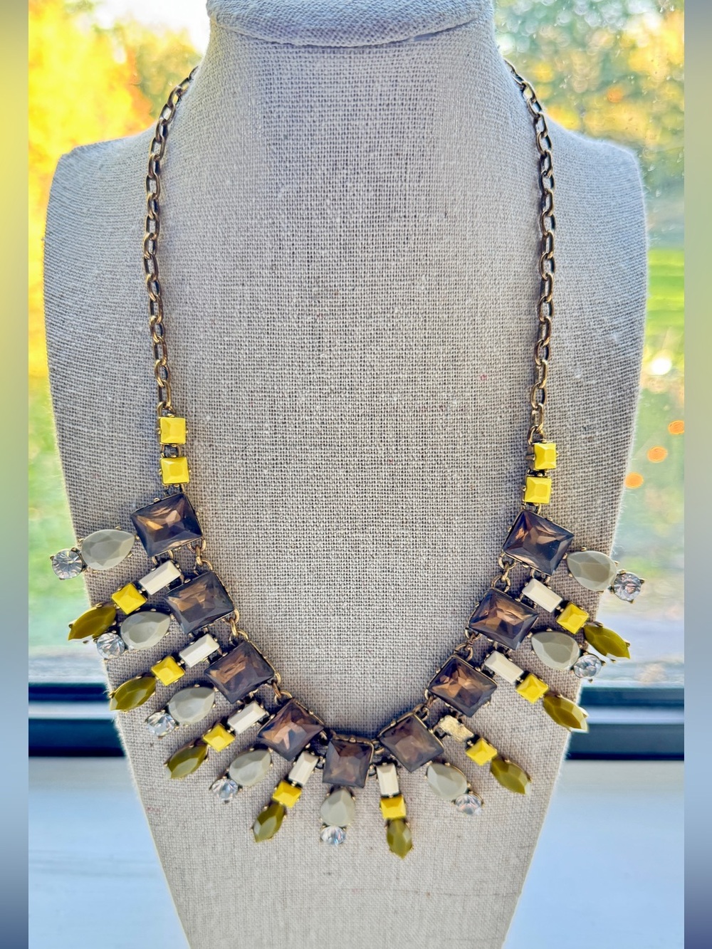 J. Crew Olive, Yellow and Smoke Crystal Bib Necklace